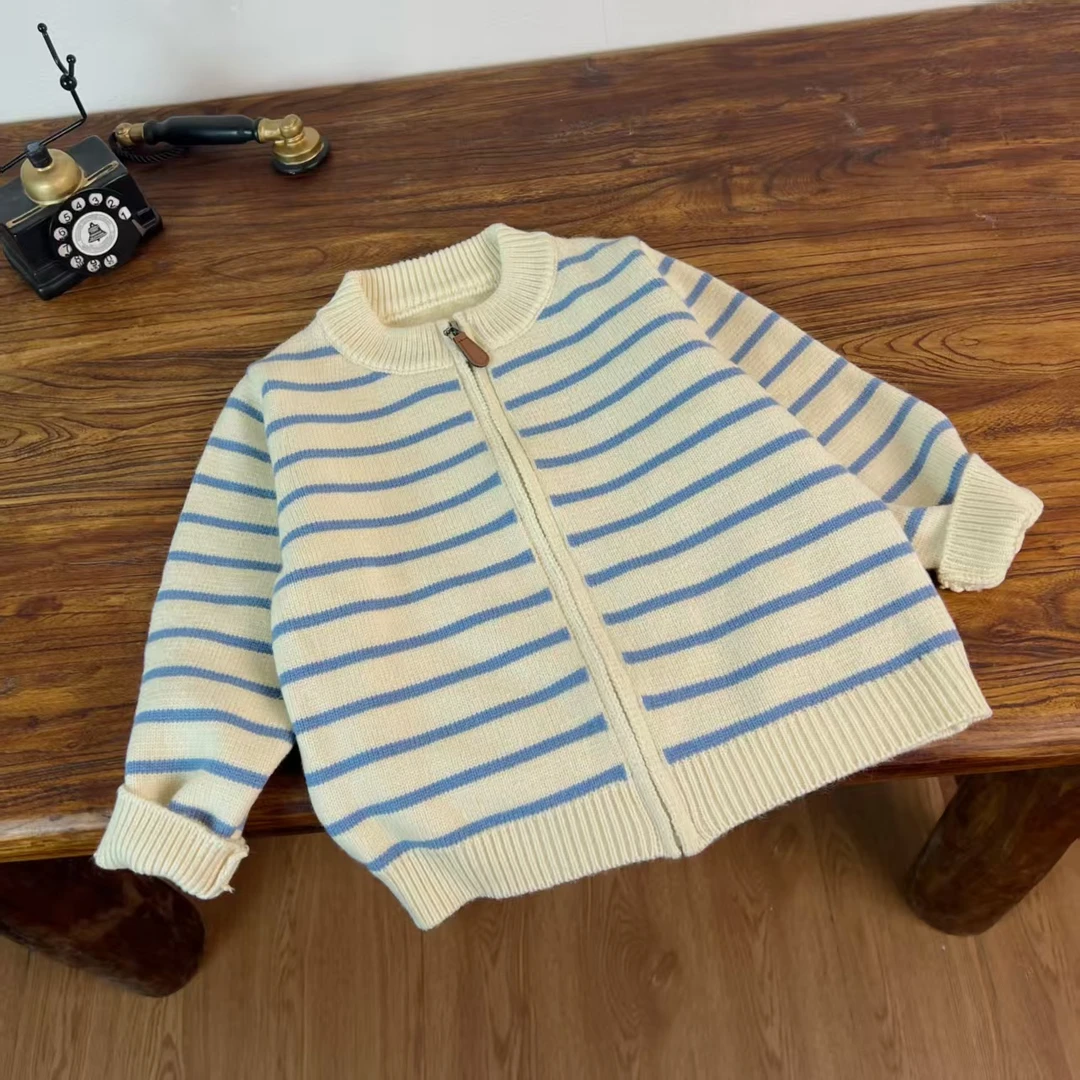 亲子儿童针织毛衣开衫外套韩版条纹简约百搭洋气圆领针织开衫毛衣