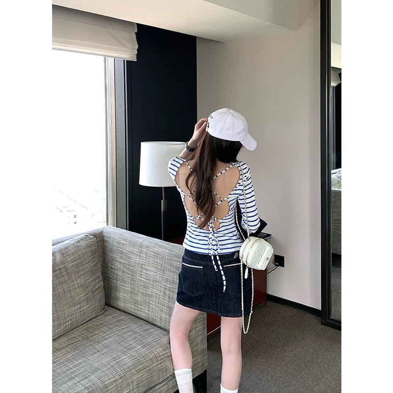 SKKStore 巴恩美背 条纹露背绑带一字领中袖T恤女修身上衣