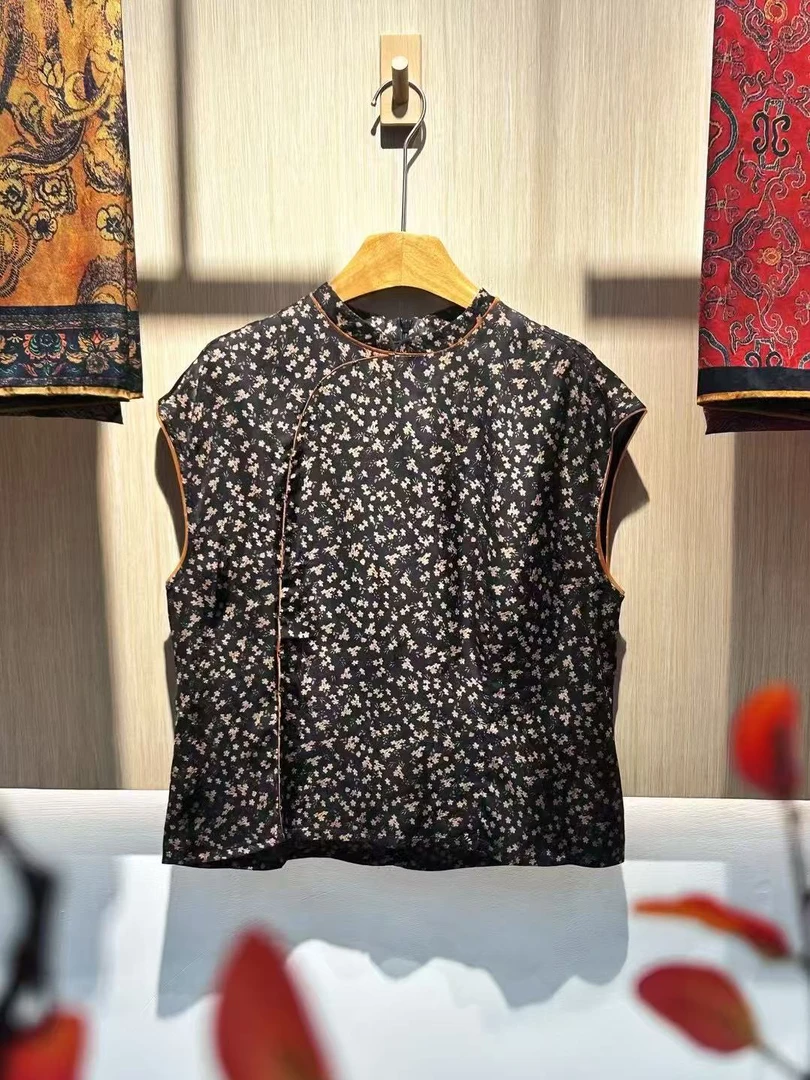 墨韵花香——桑蚕丝香云纱新中式国风复古小碎花斜襟上衣zh-9006