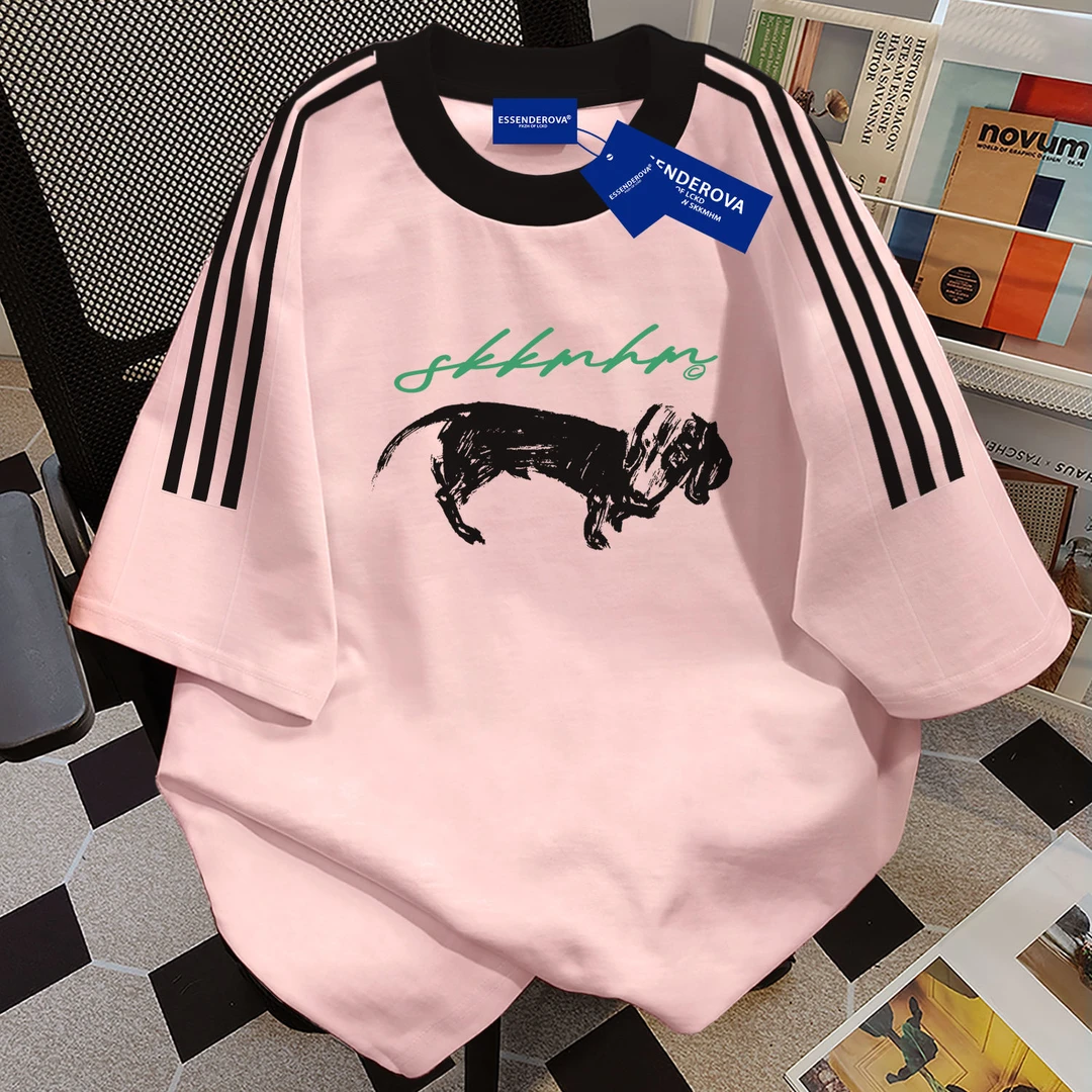 100%纯棉个性街头三条杠圆领短袖t恤男女夏季宽松潮牌情侣上衣ins