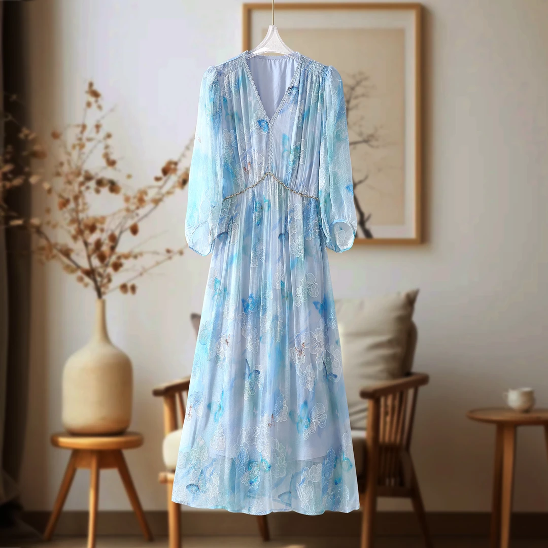 “蓝色蝶舞”重工刺绣6A真丝印花100%桑蚕丝显瘦收腰女装连衣裙C337