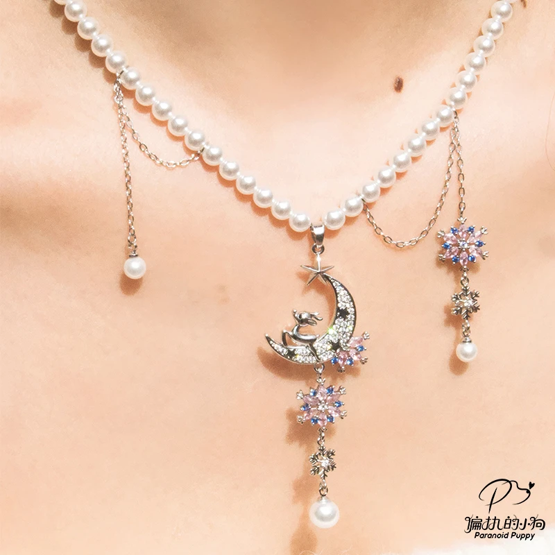 铜合金合成锆石吊坠 《奔月》圣诞小鹿月亮雪花项链女小众长款