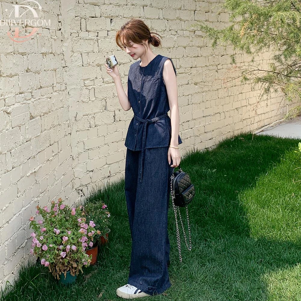 蓝色酷飒拽姐牛仔套装女夏2025新款韩版收腰无袖上衣阔腿裤两件套
