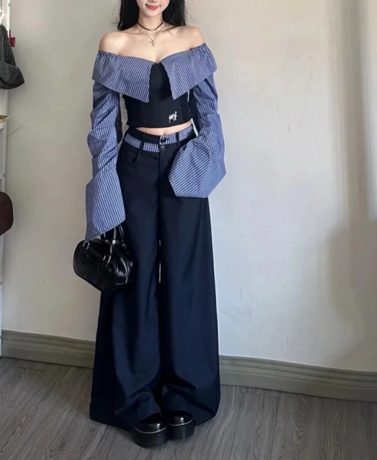 大码女装时尚韩系衬衫条纹拼接学院风修身显瘦上衣+宽松阔腿裤