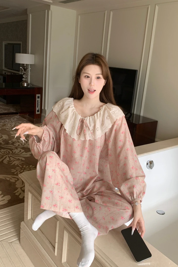 小清新碎花甜美可爱拼接蕾丝宽松睡衣春秋套装公主风可外穿家居服