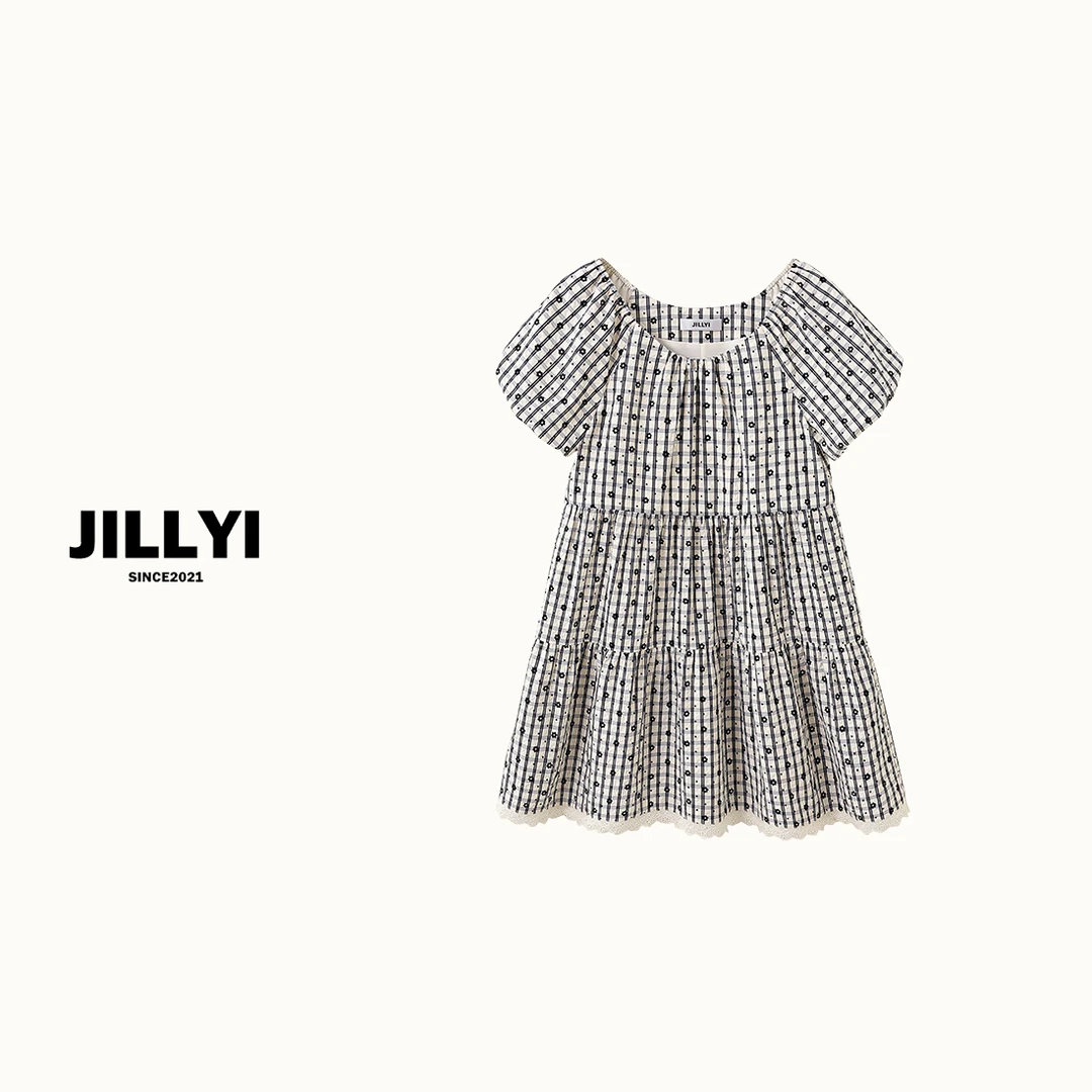 jillyi【黑巧芝士】黑色格子植绒小花手绘风时尚百搭连衣裙夏季