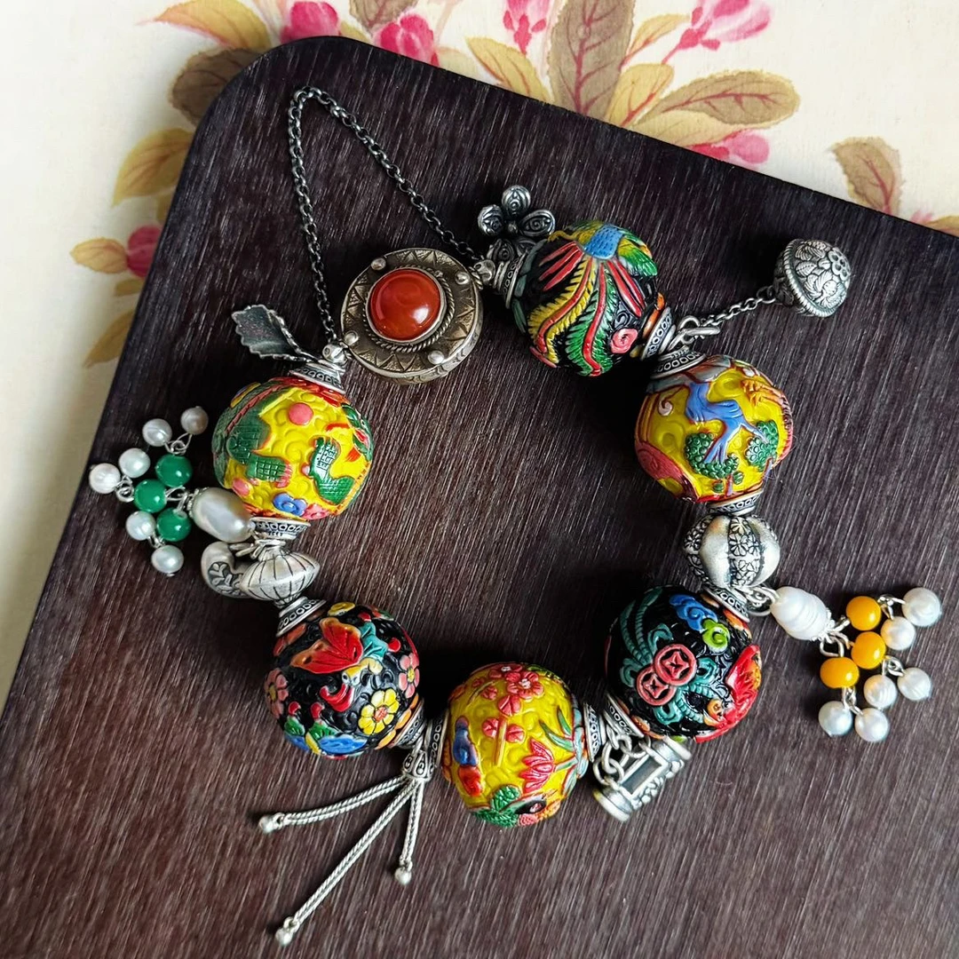 老琉璃雕刻珠S925纯银饰手串25mm 5110505