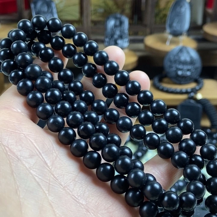 和田玉（墨玉）未镶嵌项链卡8圆珠108颗高品质柔光