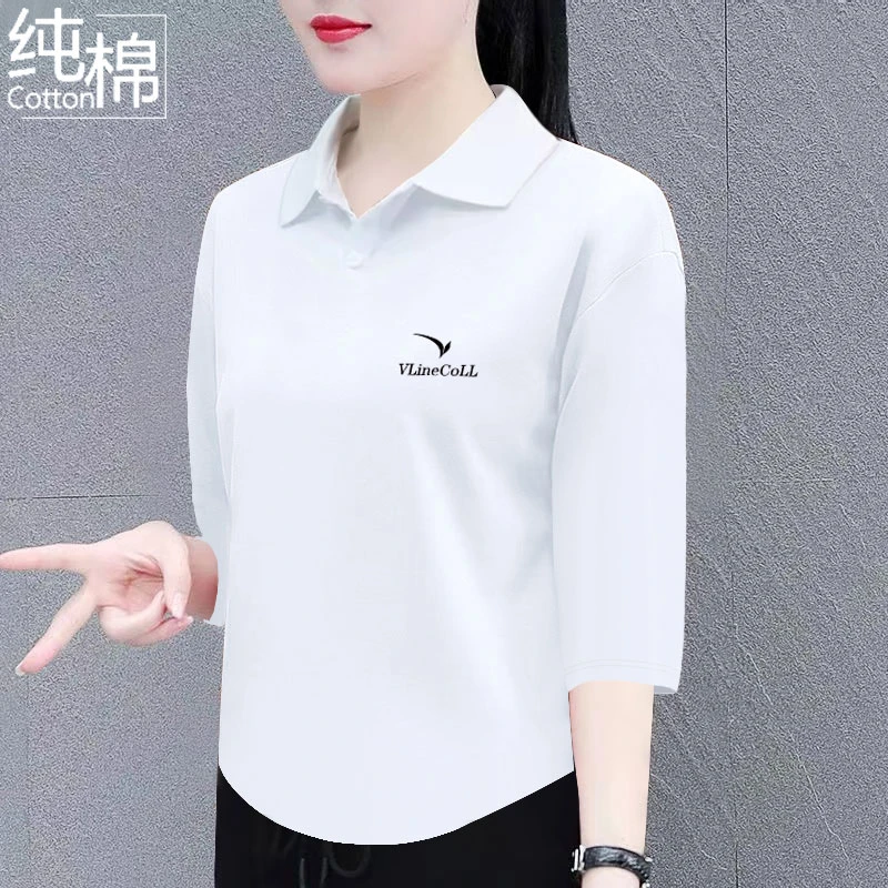 纯棉七分袖t恤女夏季新款翻领百搭宽松显瘦时尚洋polo领上衣