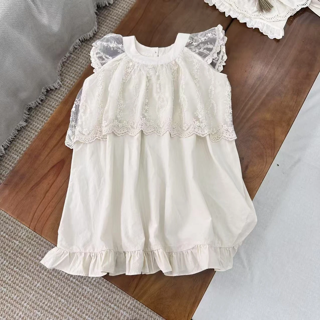 〖姐姐家〗2025夏款儿童萌娃穿搭蕾丝拼接木耳下摆飞袖连衣裙263068