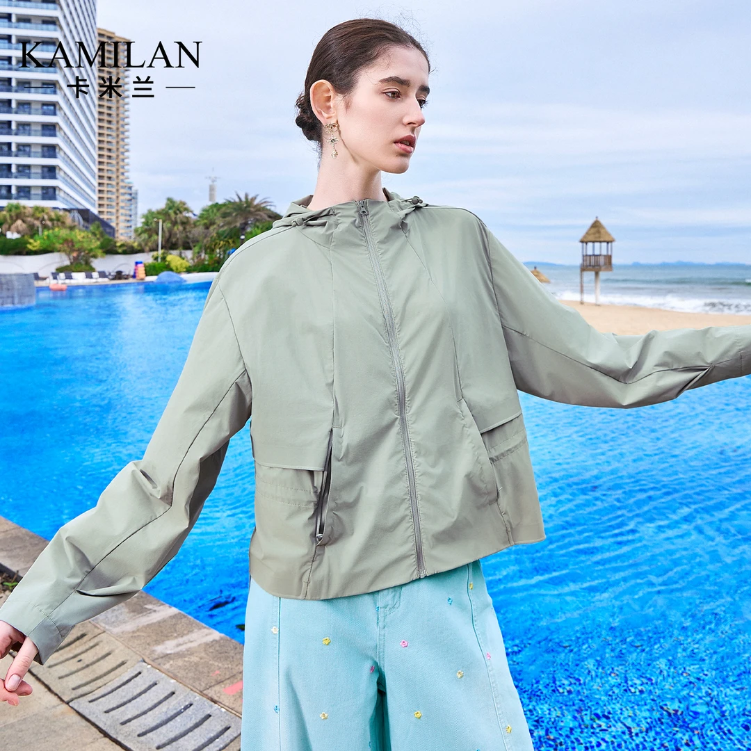 卡米兰户外运动休闲连帽短外套女2025夏季新款长袖空调衫外套上衣