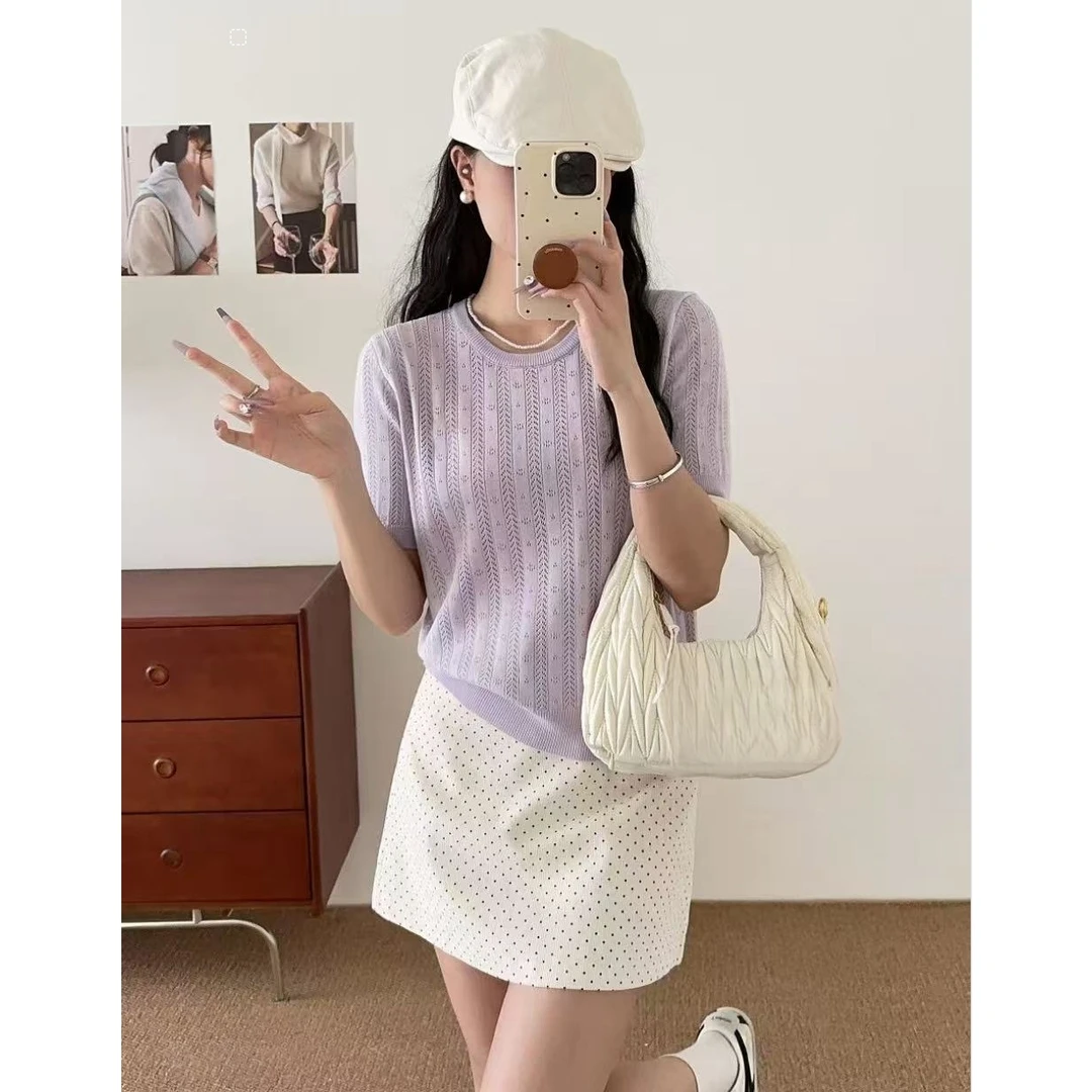 冰丝镂空内搭打底短袖t恤针织衫女夏季新款小众气质减龄显瘦上衣