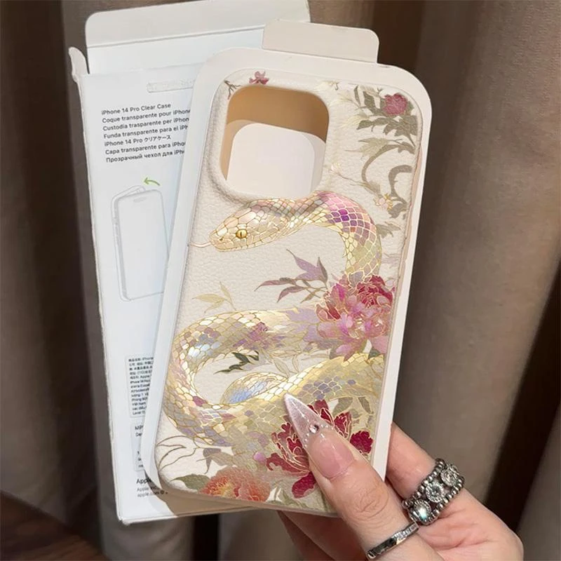 SMBLCE新年牡丹银蛇适用iPhone16苹果15手机壳14plus皮革13壳12套