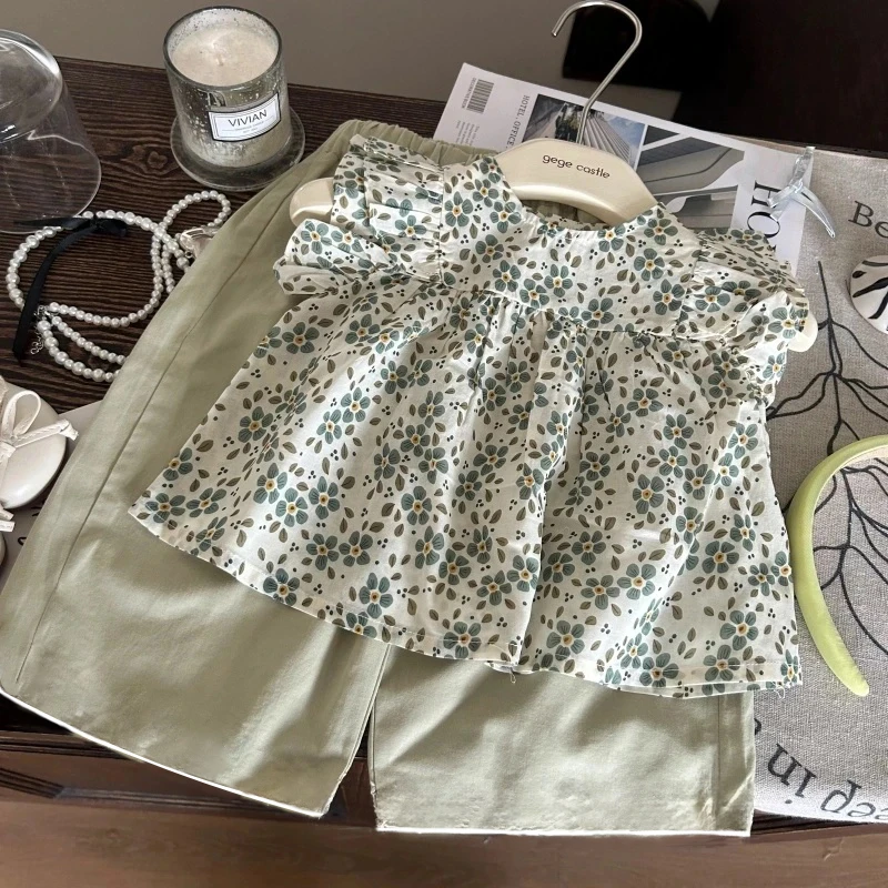 女童夏装无袖套装2025新款洋气韩版女宝宝时髦夏季复古碎花两件套