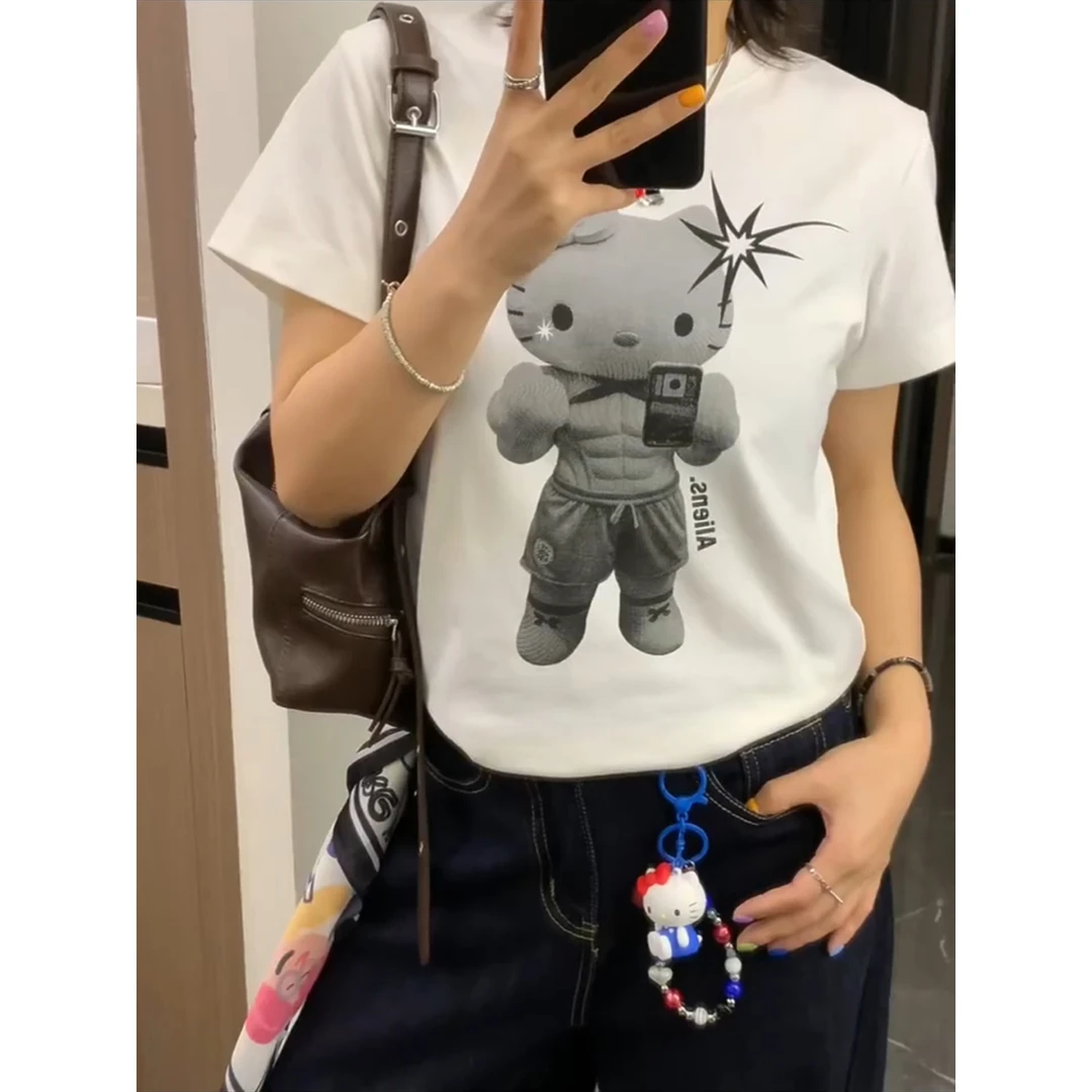 美式复古正肩ins夏季短袖T恤小众圆领白色卡通印花显瘦百搭半袖