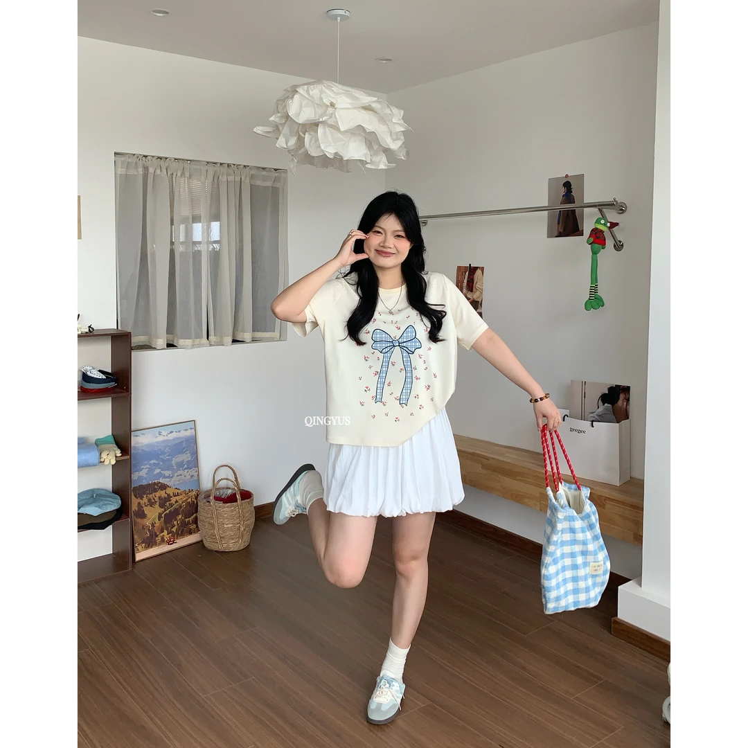 QINGYUS-蝴蝶结印花T恤设计感碎花点缀上衣微胖显瘦春季大码女装
