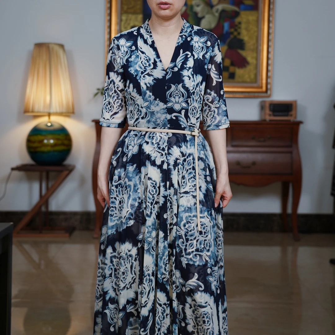 『青花瓷』复古中国风气质显瘦女士优雅收腰女装连衣裙-P3T5494