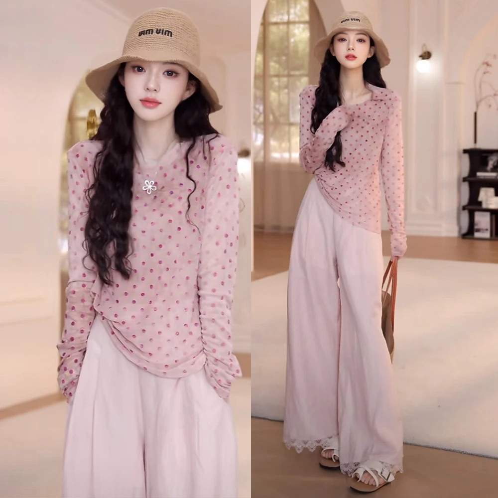 夏季新款气质波点网纱防晒长袖T恤+高腰显瘦直筒阔腿裤女时尚套装