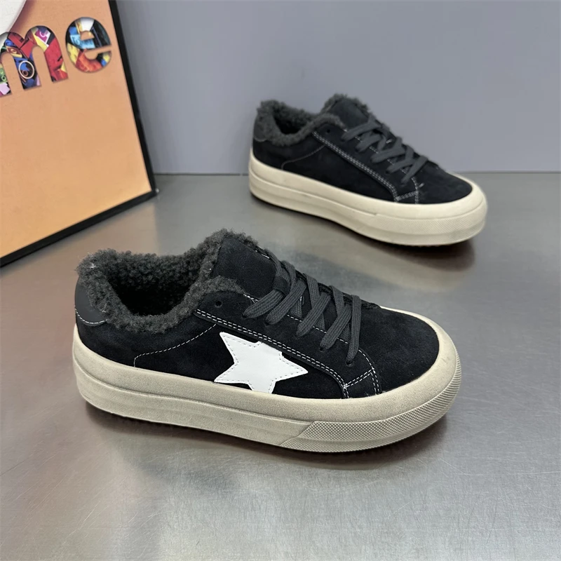 女款时尚休闲百搭厚底就是反毛皮加绒平底低帮韩版冬季系带潮流鞋