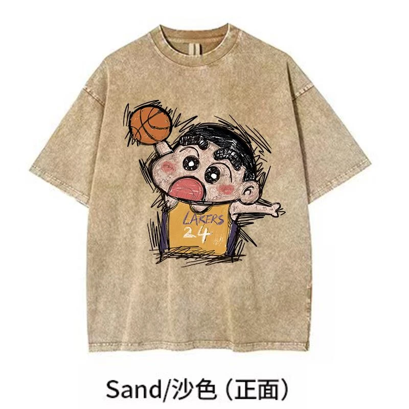 【灌篮科比小新】}KiKiTee oversize洗水做旧风宽松260g纯棉手绘T恤