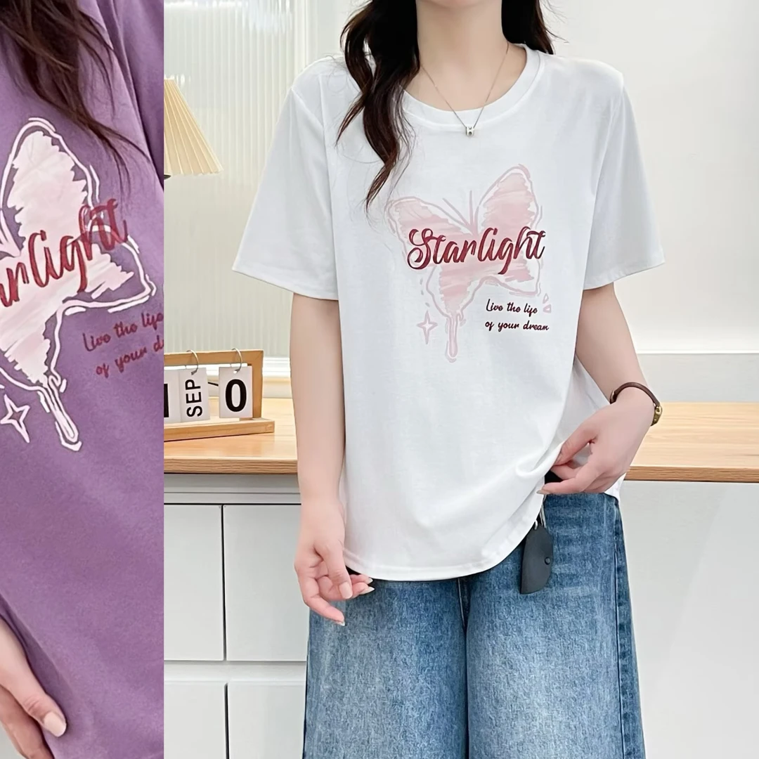 【100-200斤】夏季蝴蝶印花宽松显瘦圆领短袖小衫女休闲百搭减龄T恤