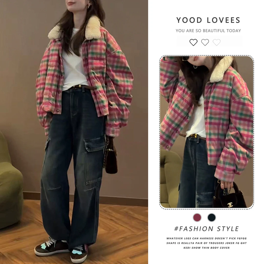 冬季时尚复古撞色穿搭女洋气翻领格纹宽松外套百搭牛仔裤两件套装