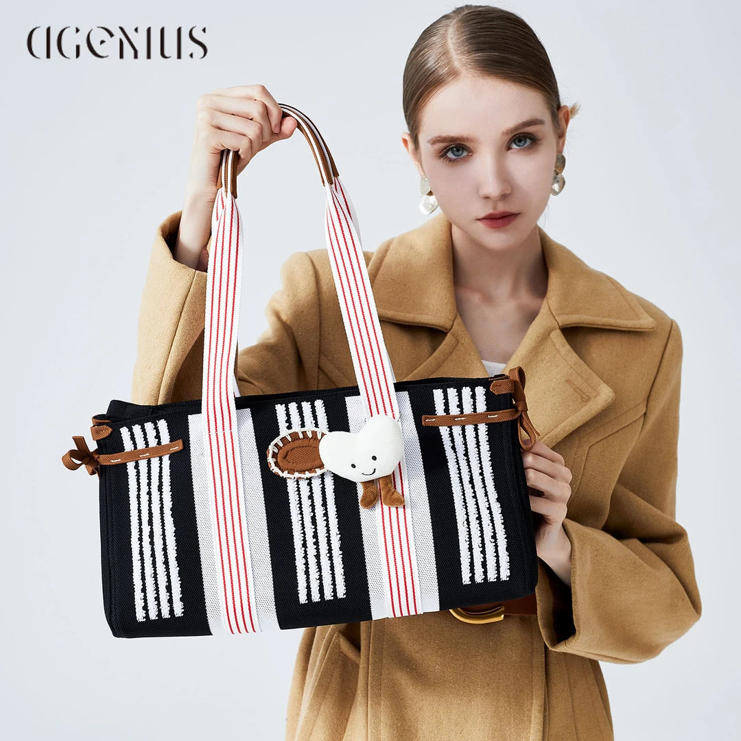 DGENIUS原创欧美条纹编织托特包包女2025新款时尚百搭手提单肩包