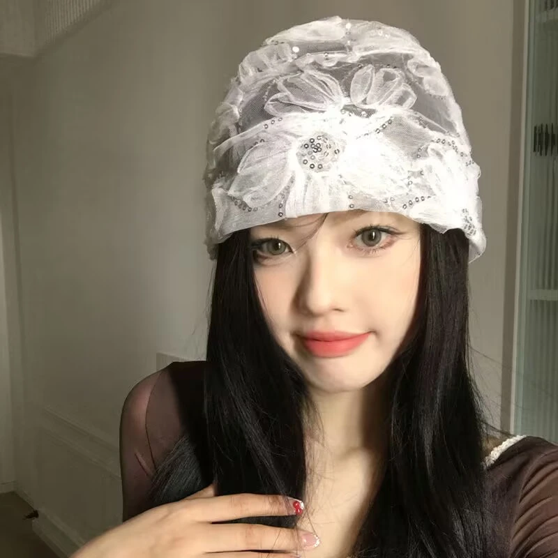 春夏蕾丝镂空亮片包头帽女轻薄透气不热百搭时尚洋气显脸小遮白发