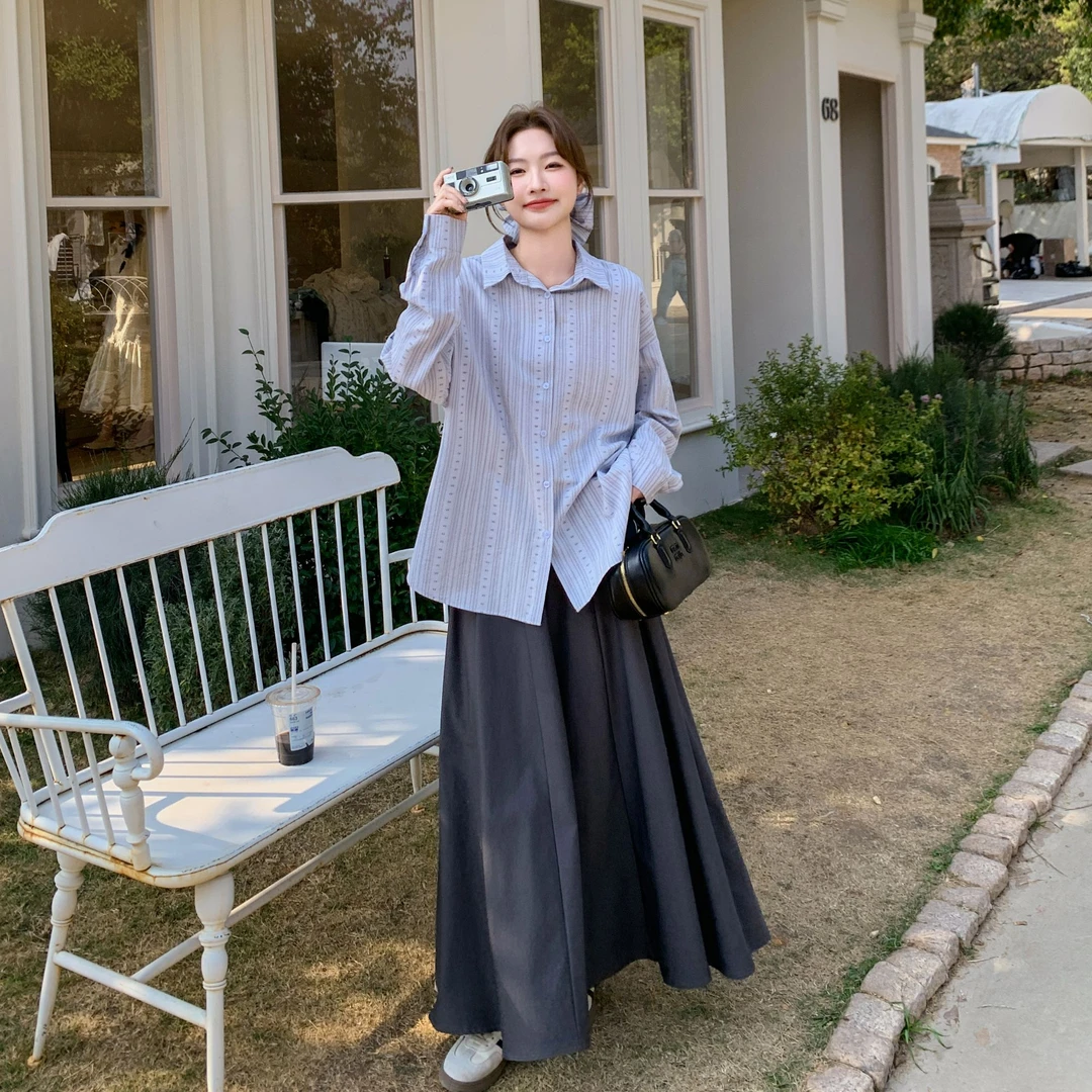 条纹衬衫半身裙两件套女春季2025今年流行超火漂亮气质高级感套装