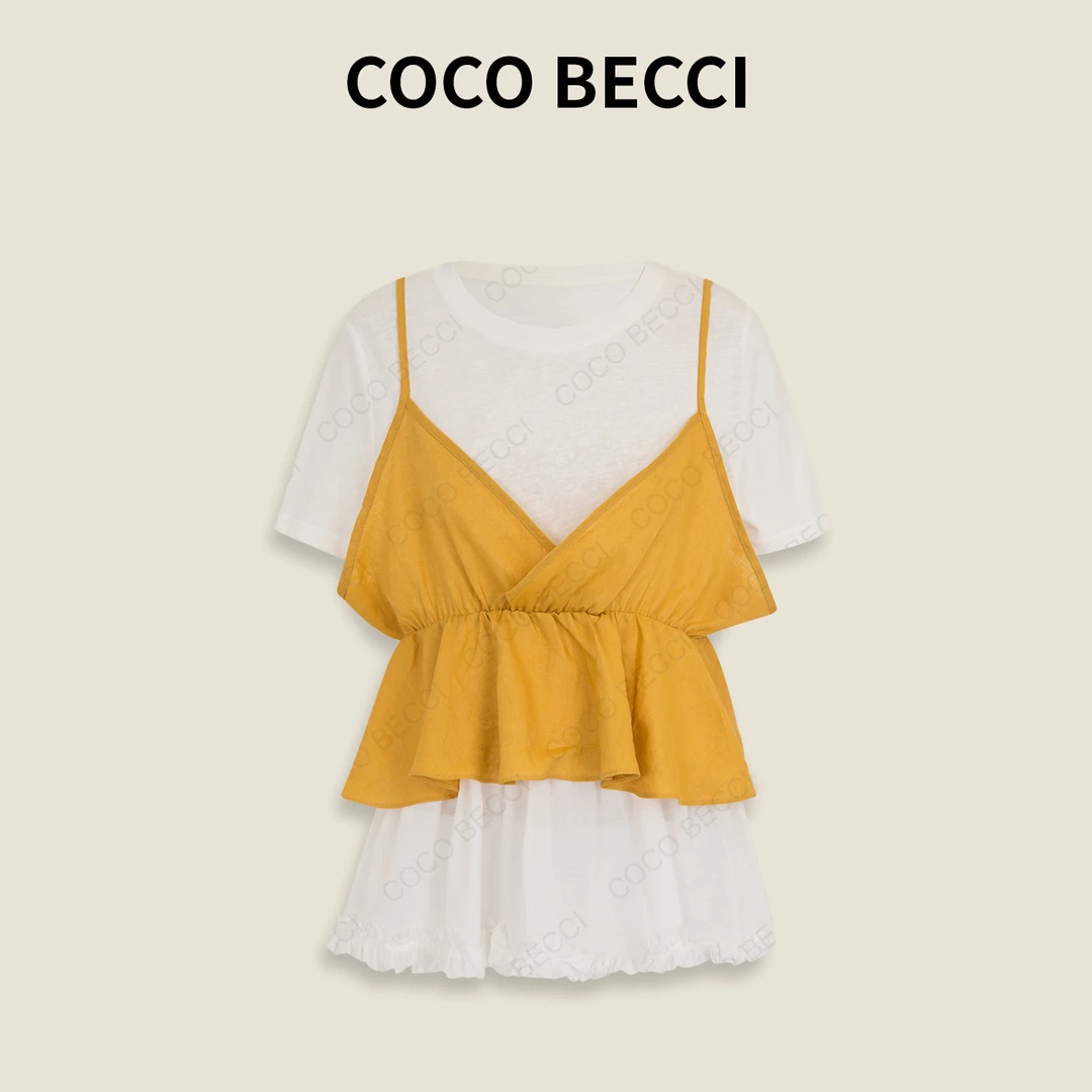 COCO BECCI【甜美真两件】时尚优雅气质花边T恤吊带套装CFLJB324072