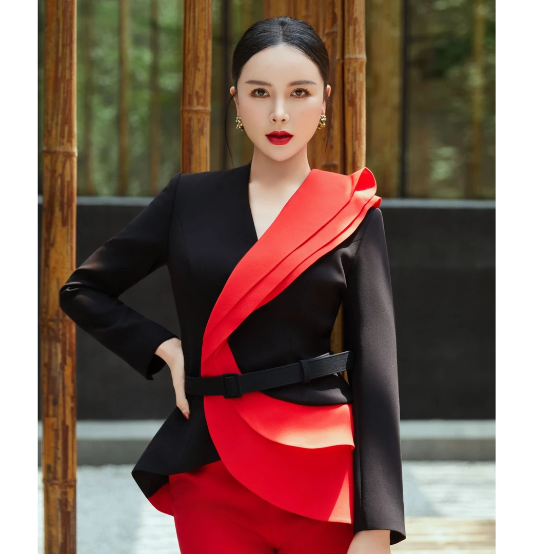 LADYPOWER红色立体花边V领西装上衣 73330A