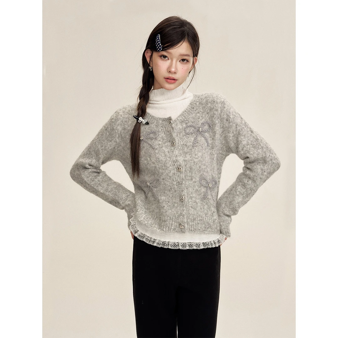 16DEWS 蝴蝶结刺绣圆领针织开衫