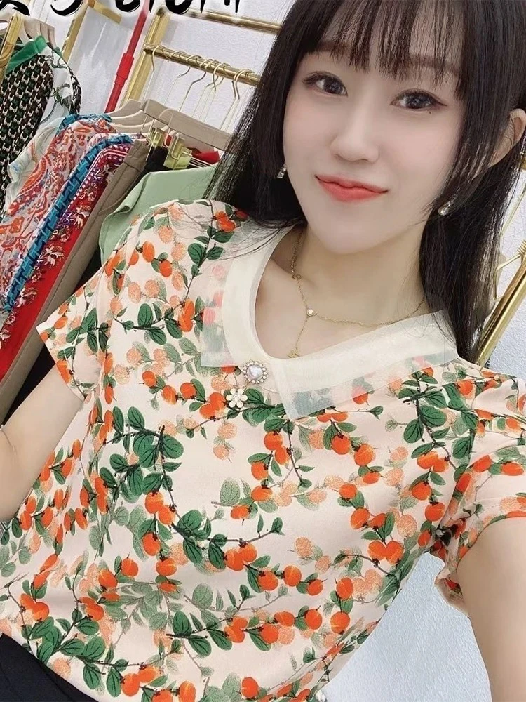 娃娃领雪纺碎花短袖衬衫洋气遮肉显瘦微胖减龄女士小衫
