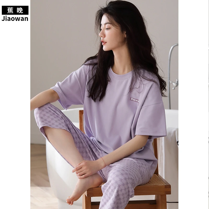 蕉晚2025年新款夏季纯棉圆领七分裤休闲纯棉家居服时尚女套装宽松