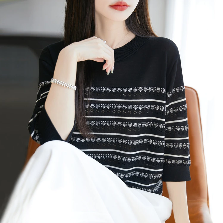 莱赛尔天丝短袖针织衫女夏季薄款宽松毛衣2025年新款减龄显瘦上衣