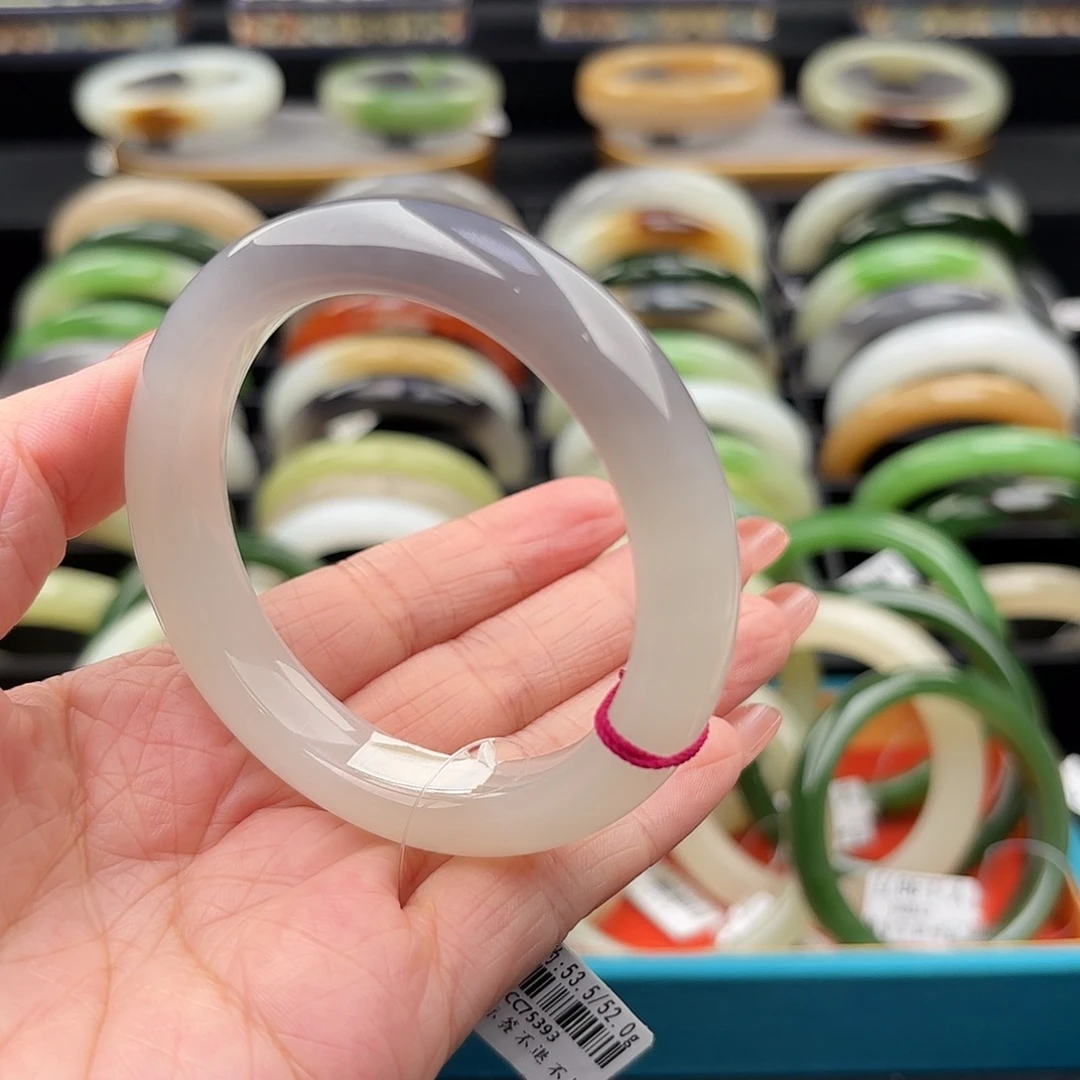 和田玉未镶嵌手镯白底一口葡萄紫53.5