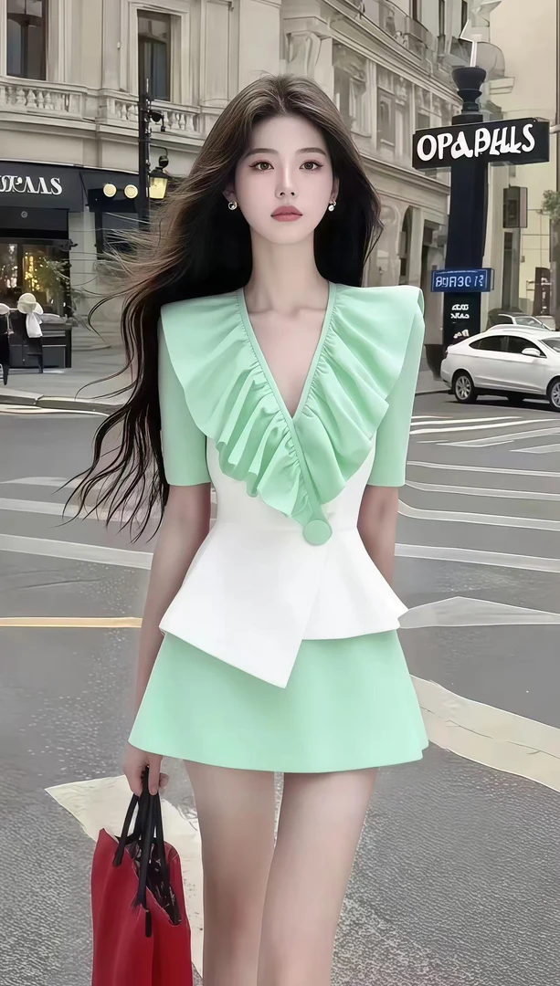 温柔知性风绿色V领短袖收腰拼接设计显瘦连衣裙女小众高级氛围感