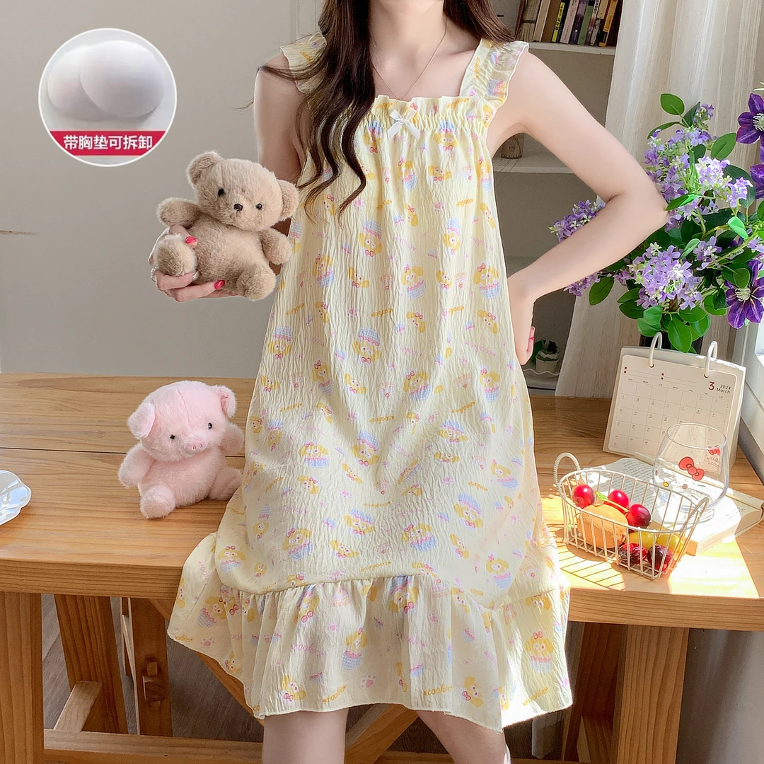 带胸垫睡裙女吊带甜美卡通学生少女可外穿中长裙家居服睡衣薄款