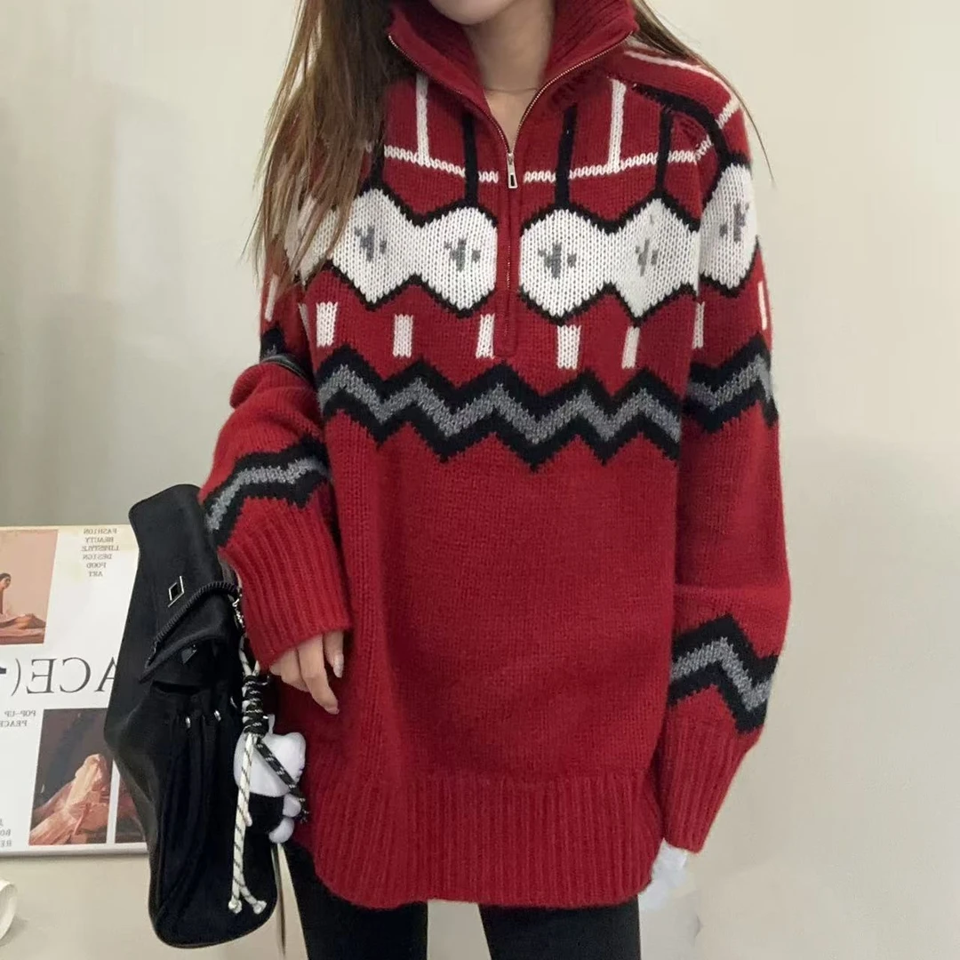 【百分百山羊绒】轻奢241904-100羊绒慵懒时尚提花图案半拉链套头衫