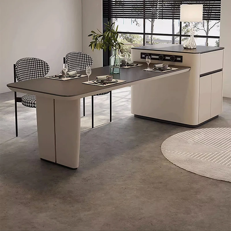 岛台餐桌一体岩板奶油风法式高级家用伸缩倒台中导台实木极简饭桌