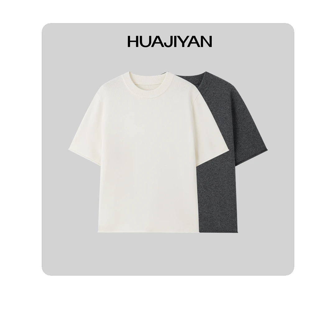 华吉言/HUAJIYAN【软软T】100羊毛经典百搭卷边设计圆领短袖上衣