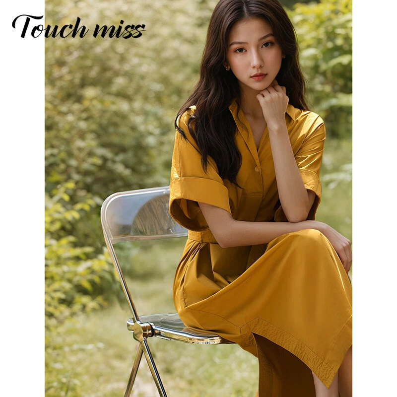 TOUCH MISS塔驰密司轻奢连衣裙时尚博主挚爱落肩袖系带短袖衬衫裙