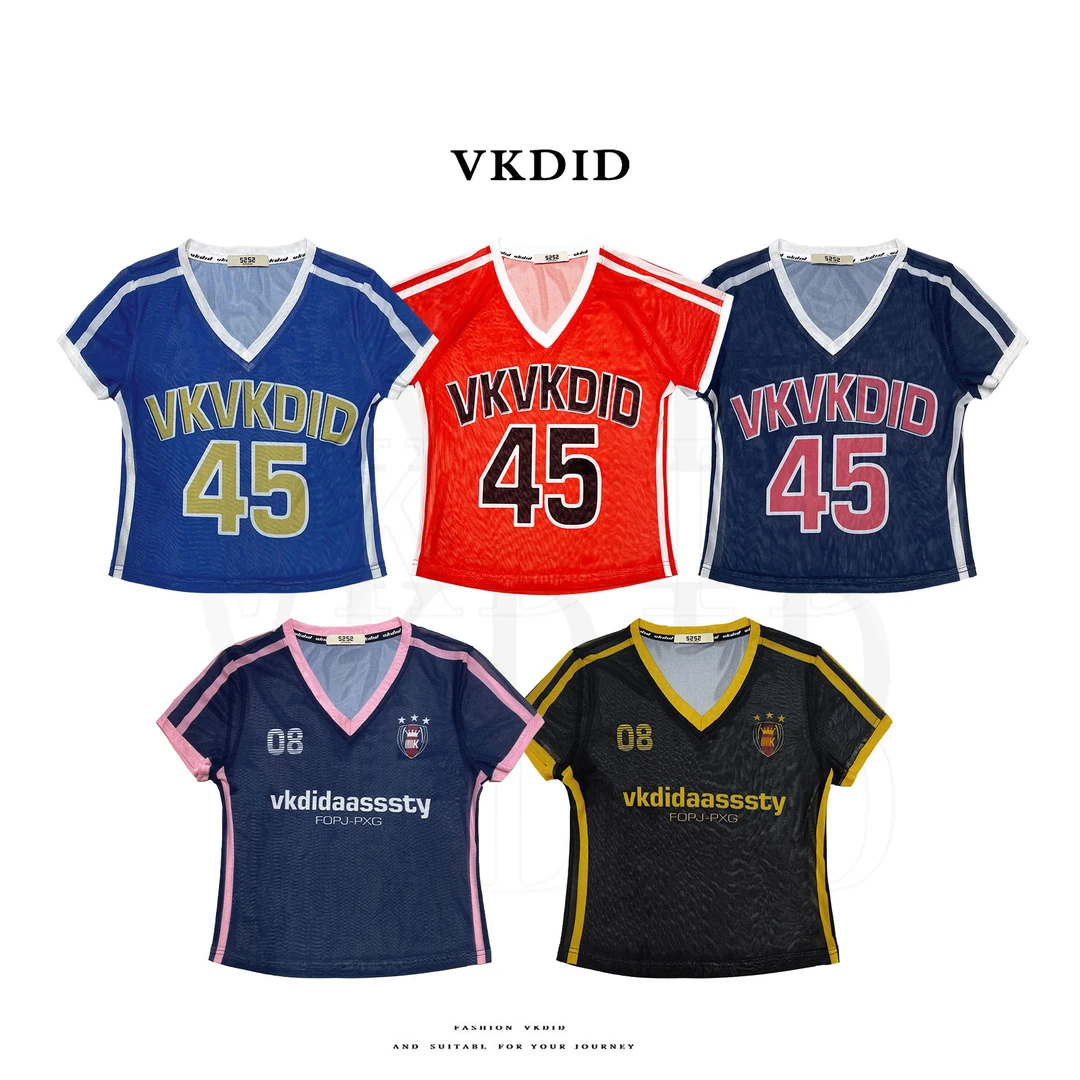 VKDID网纱v领薄款透气排汗韩版女外穿休闲运动ins短袖街头潮流T恤