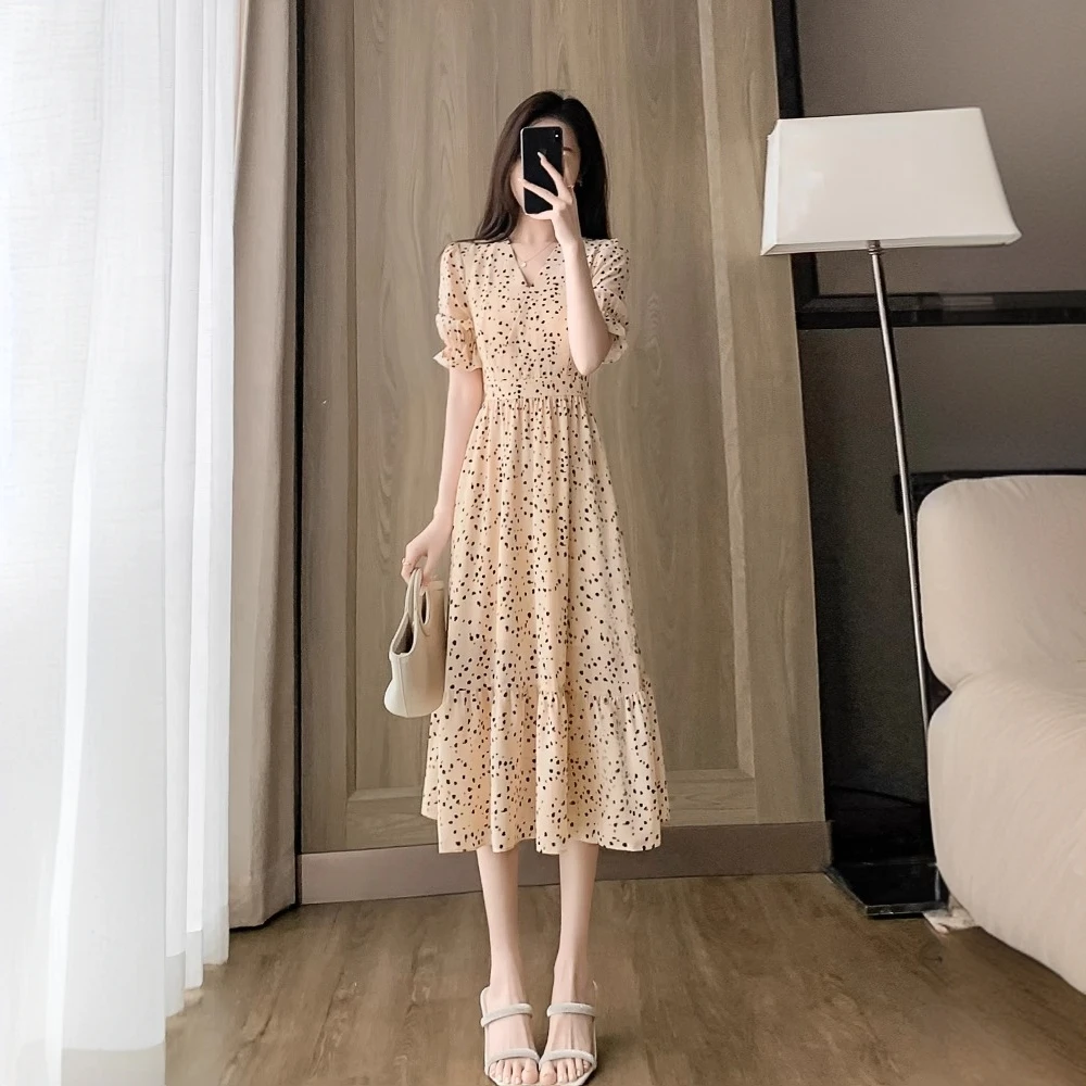 纳霍浦勒温柔风复古雪纺连衣裙女士夏季气质v领收腰显瘦波点a字裙