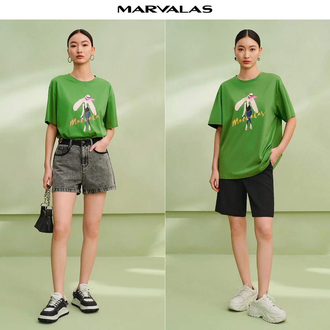 【王小专享】M313103853曼德诗圆领棉质常规T恤宽松简约短袖女