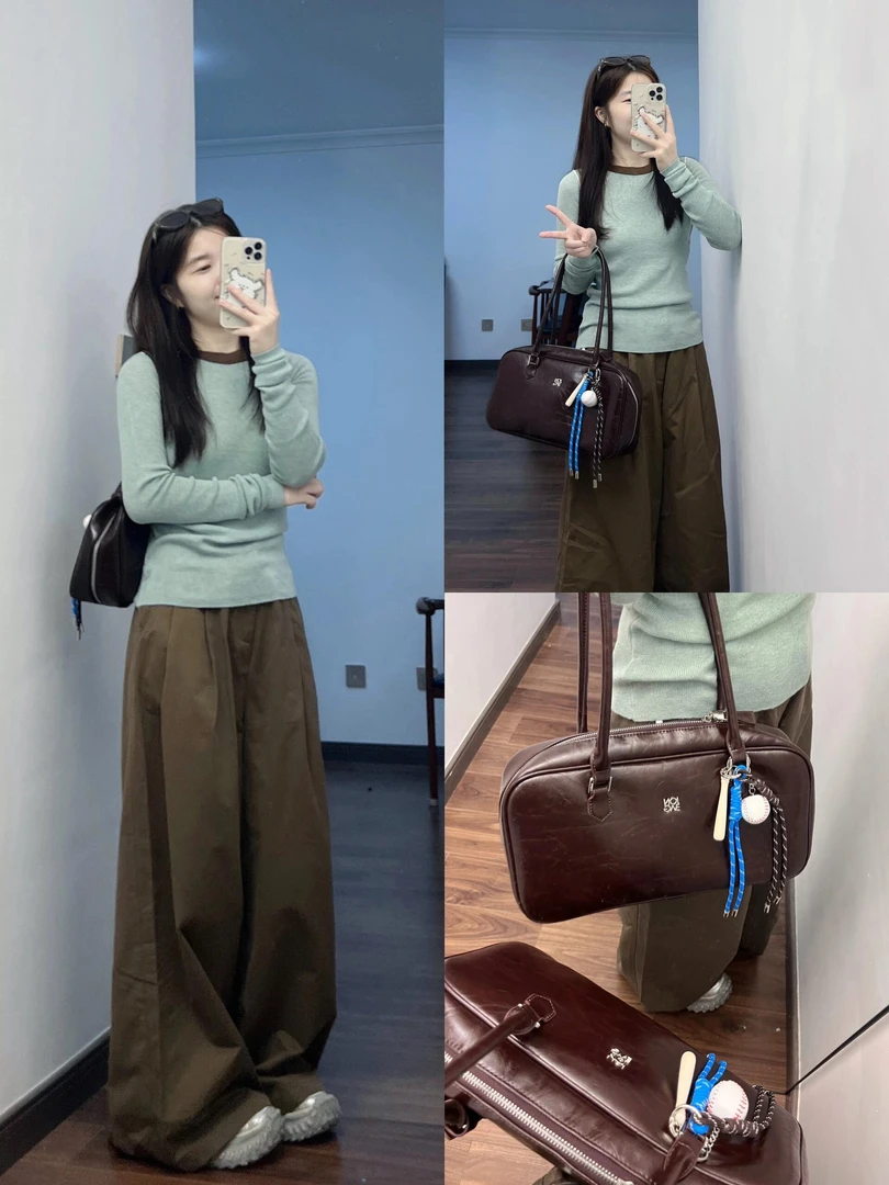 【甜系榛果】韩系ins风日式慵懒风时尚套装复古小众长袖上衣棕长裤
