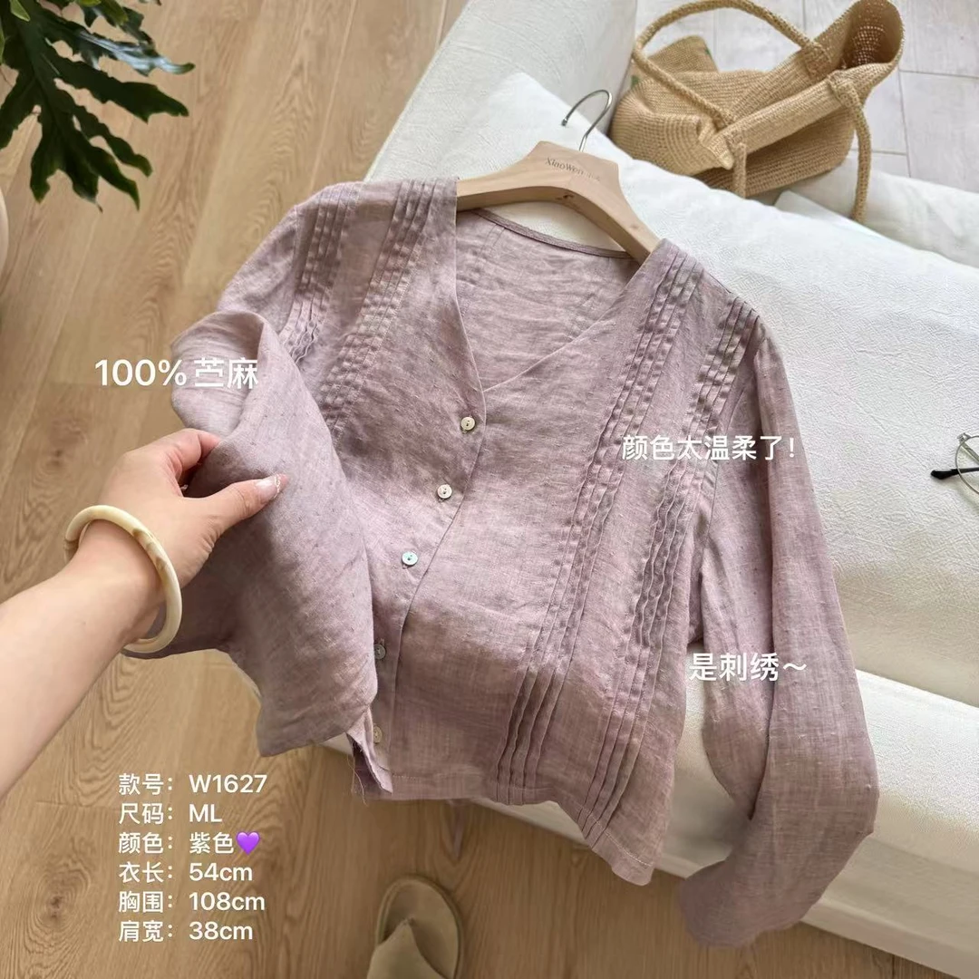 小文姐 W1627-夏韩范森系文艺气质淡雅风小衫宽松风琴折苎麻衬衫