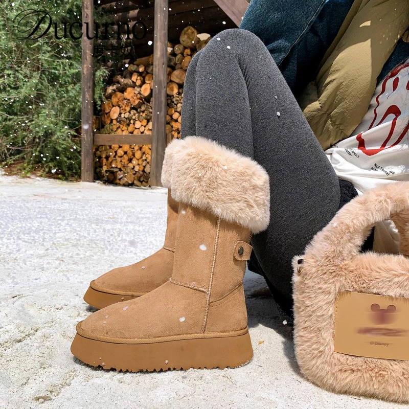 4cm小个子松糕厚底雪地靴女新款中跟中筒靴套筒棉靴子加厚毛毛靴