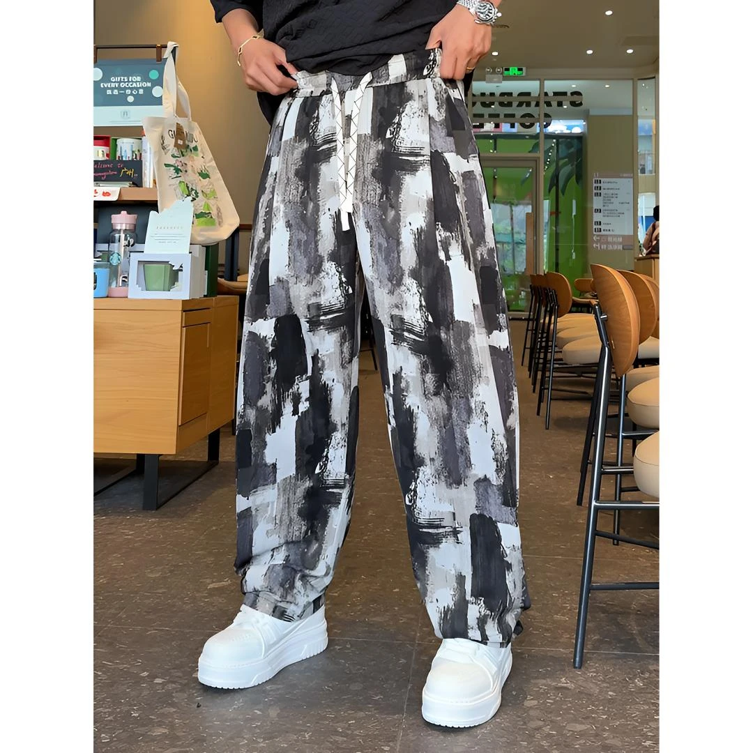 【语乐3店】2886扎染水墨花裤子夏季冰丝垂感凉凉裤宽松休闲阔腿裤
