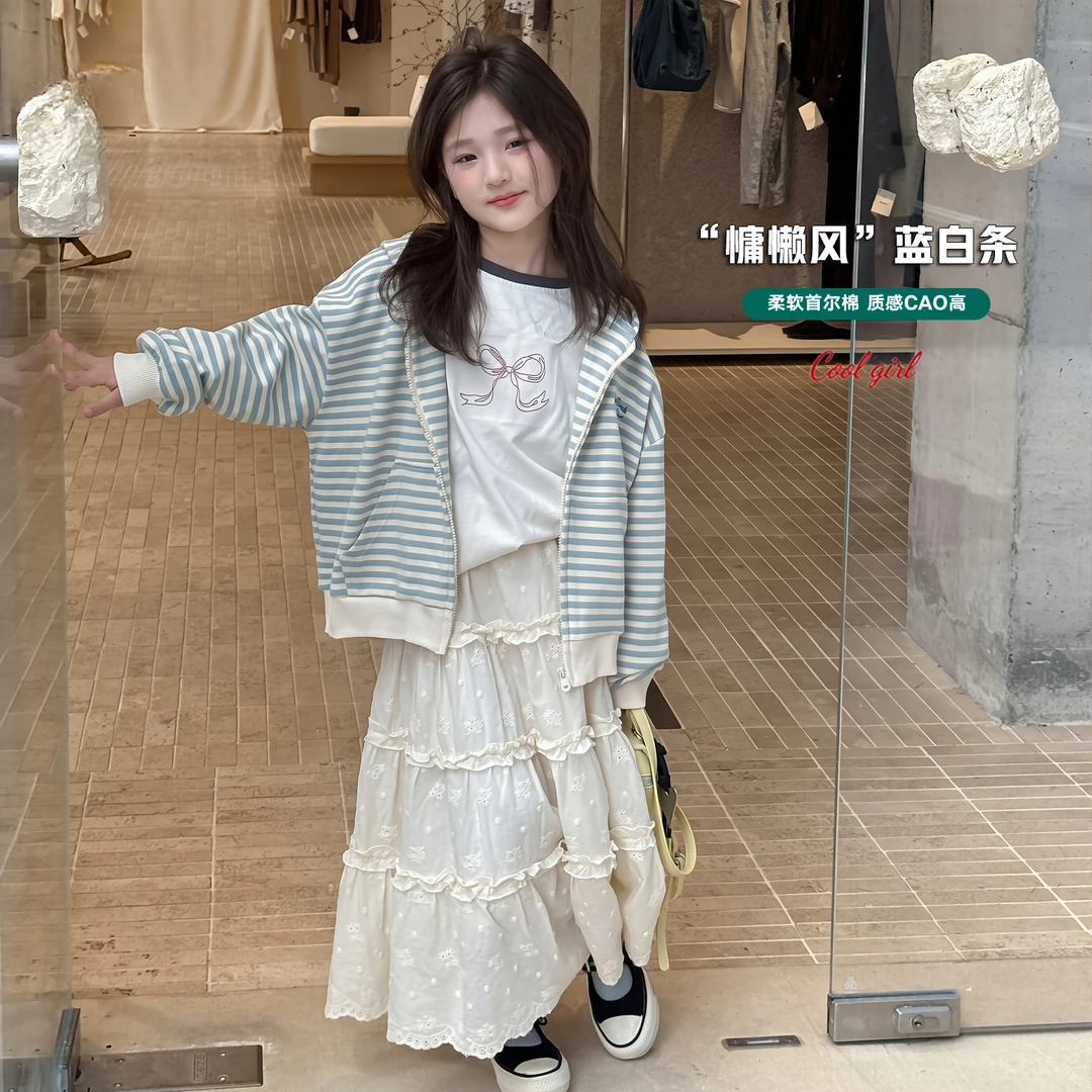 YOJIA女童外套春秋款2025新款儿童洋气条纹卫衣宽松休闲连帽上衣